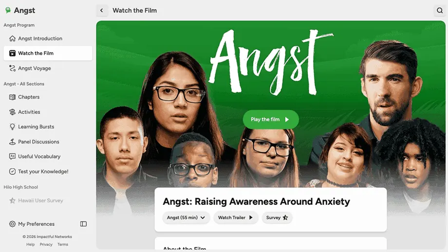 Preview of the Angst Program interface with modules and activities.